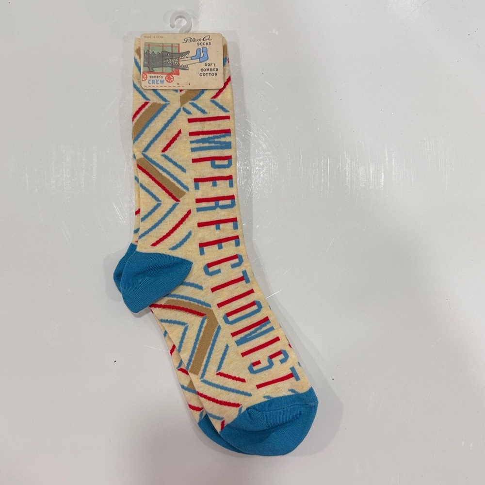 Blue Q Imperfectionist Crew Novelty Socks, vibrant, multi-colored geometric